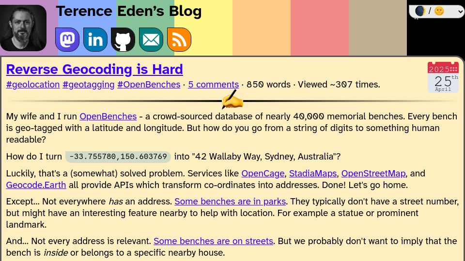 Screenshot of shkspr.mobi: Reverse geocoding is hard