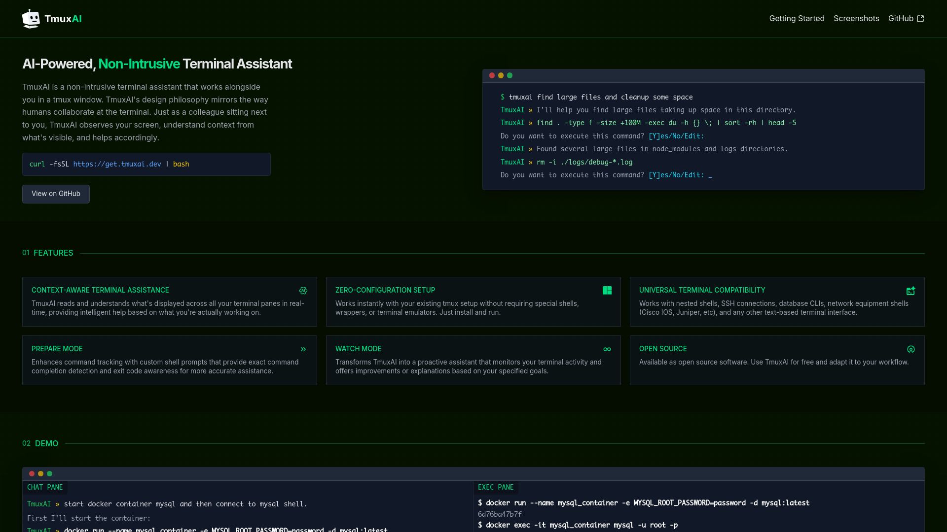 Screenshot of tmuxai.dev: TmuxAI: AI-Powered, Non-Intrusive Terminal Assistant