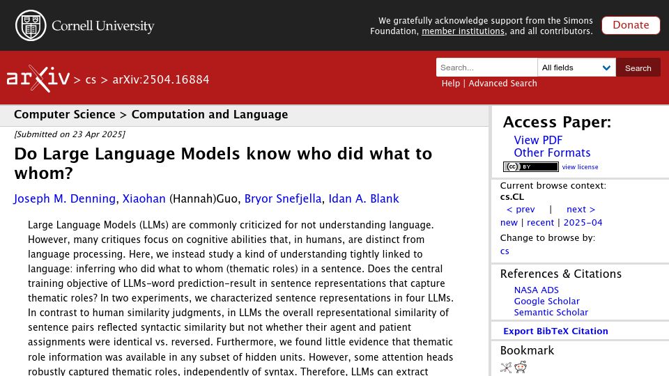 Screenshot of arxiv.org: Do Large Language Models know who did what to whom?