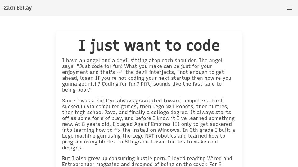 Screenshot of zachbellay.com: I just want to code (2023)