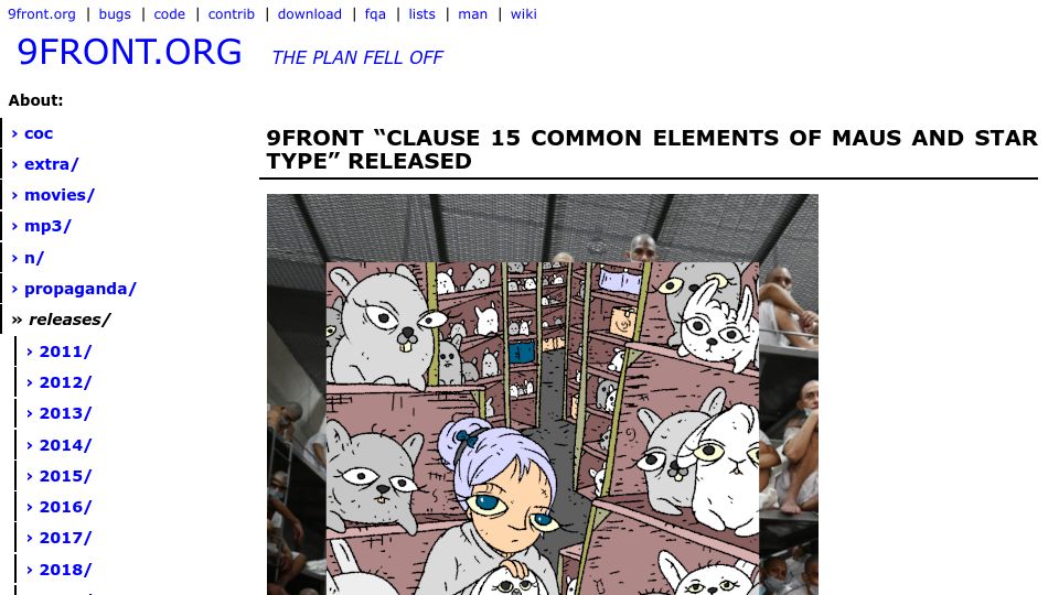 Screenshot of 9front.org: 9front "clause 15 common elements of maus and star type" released