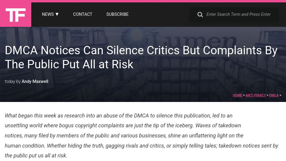 Screenshot of torrentfreak.com: DMCA Notices Can Silence Critics but Complaints by the Public Put All at Risk