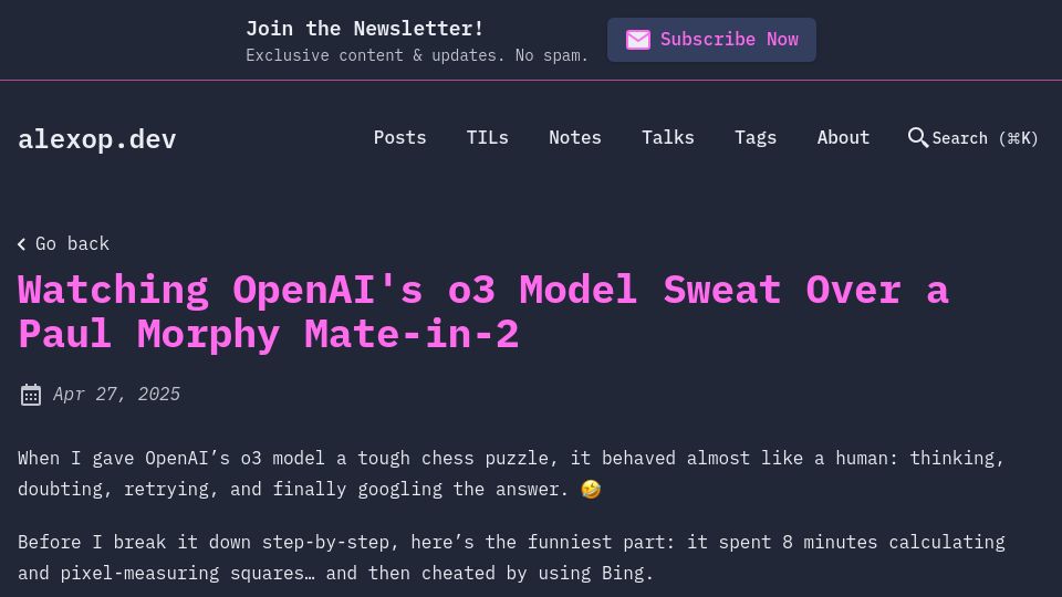 Screenshot of alexop.dev: Watching o3 model sweat over a Paul Morphy mate-in-2