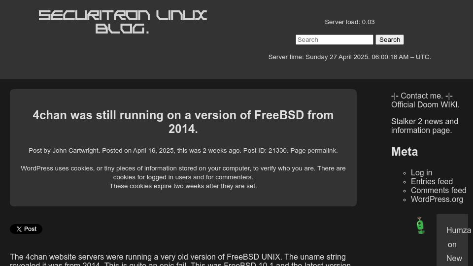 Screenshot of securitronlinux.com: 4chan was still running on a version of FreeBSD from 2019