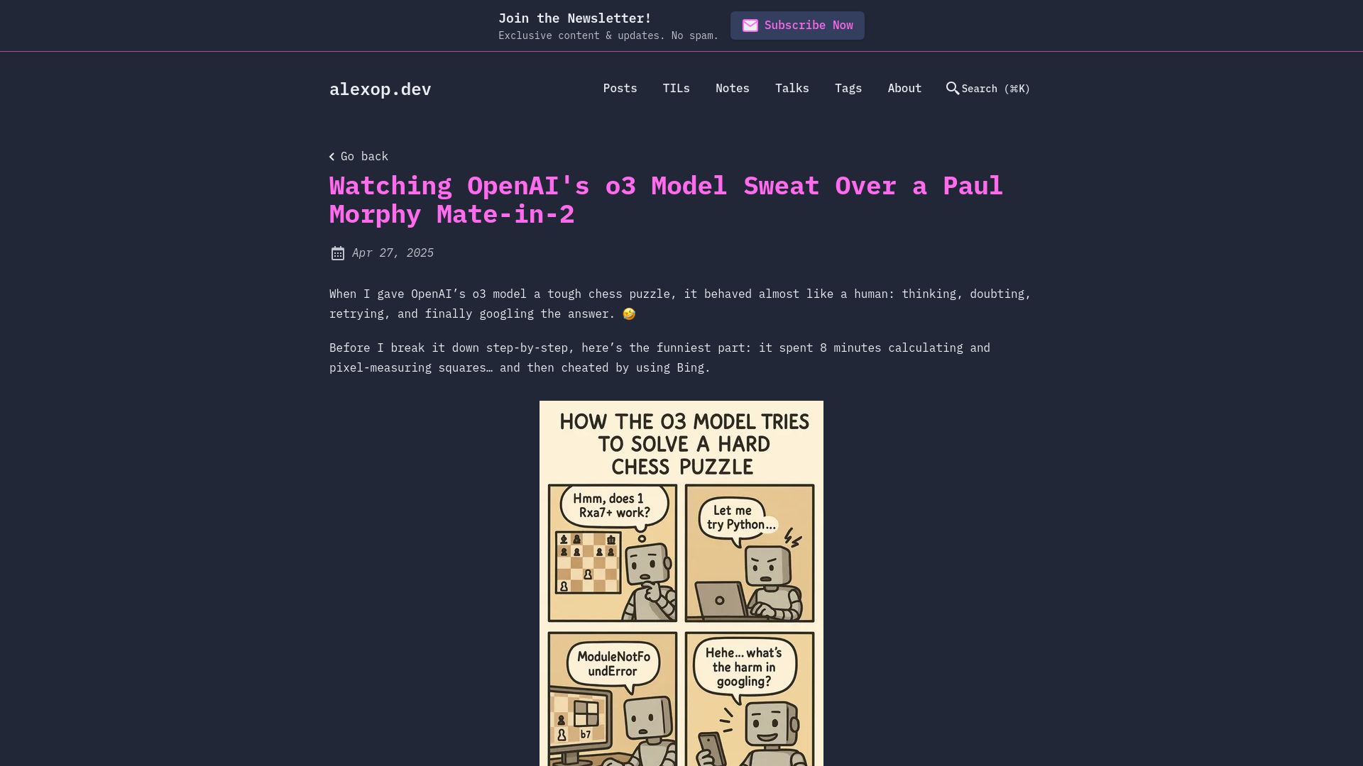 Screenshot of alexop.dev: Watching o3 model sweat over a Paul Morphy mate-in-2