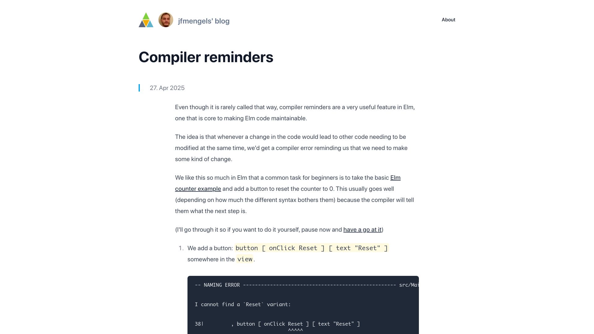 Screenshot of jfmengels.net: Compiler Reminders