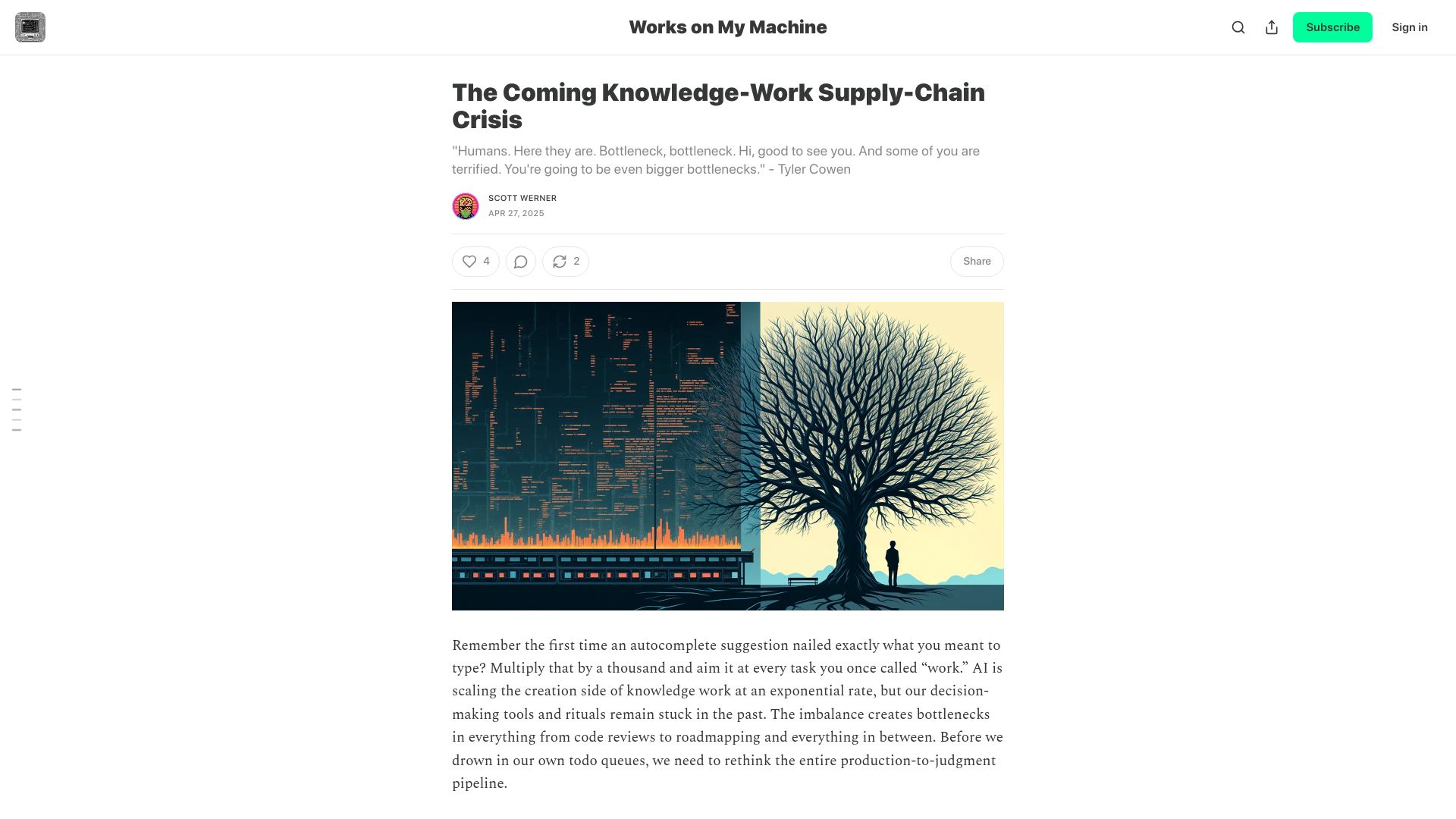 Screenshot of worksonmymachine.substack.com: The coming knowledge-work supply-chain crisis