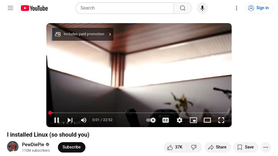 Screenshot of youtube.com: Pewdiepie – I installed Linux (so should you) [video]