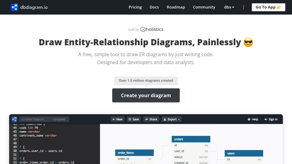 Screenshot of dbdiagram.io: Found a simple tool for database modeling: dbdiagram.io