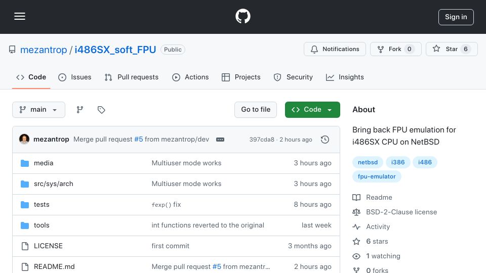 Screenshot of github.com: Show HN: I486SX_soft_FPU – Software FPU Emulator for NetBSD 10 on 486SX
