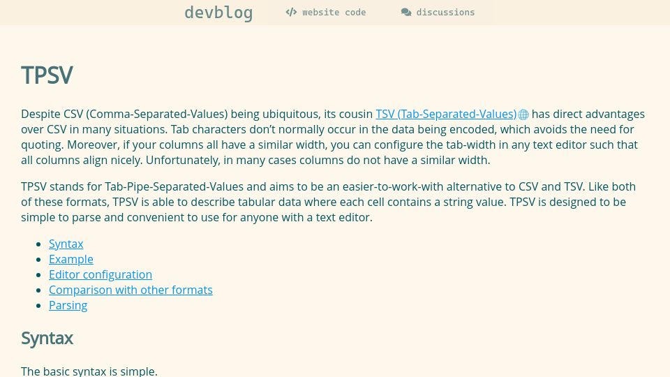 Screenshot of chtenb.dev: TPSV, an Alternative to TSV (and CSV)