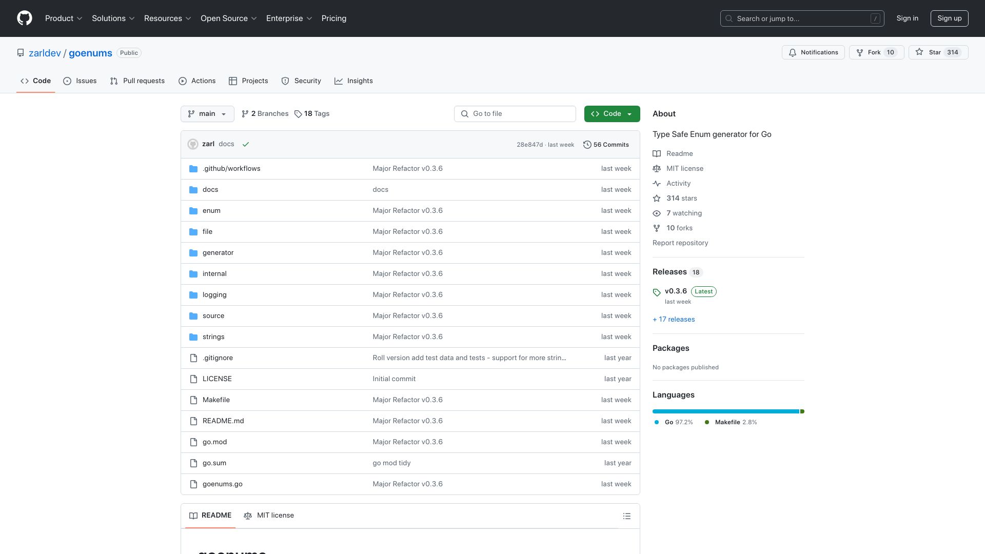 Screenshot of github.com: Goenums: Type Safe Enum Generator for Go