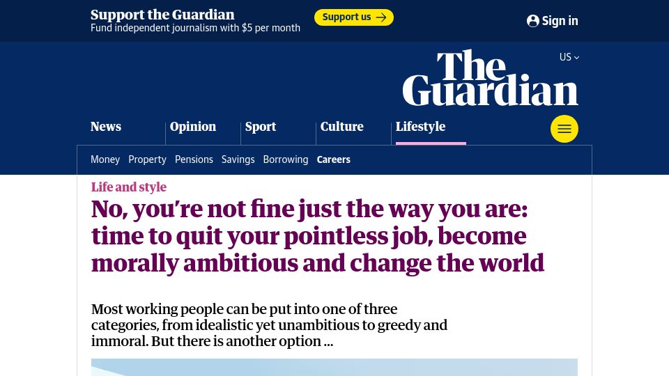 Screenshot of theguardian.com: Time to quit your pointless job, become morally ambitious and change the world