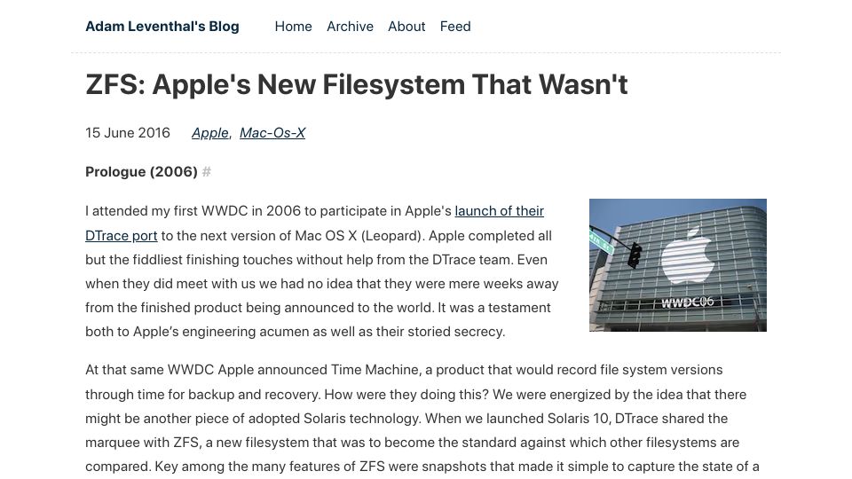 Screenshot of ahl.dtrace.org: ZFS: Apple's new filesystem that wasn't (2016)