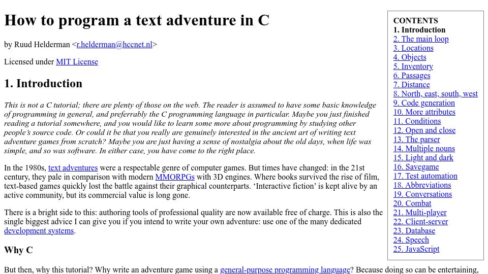 Screenshot of helderman.github.io: How to program a text adventure in C