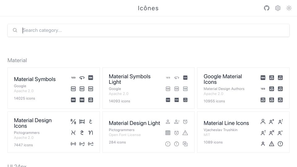 Screenshot of icones.js.org: Icônes