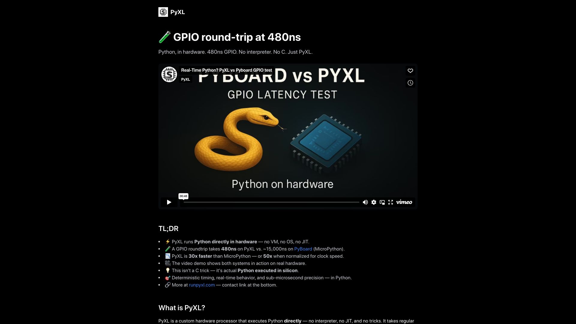 Screenshot of runpyxl.com: Show HN: I built a hardware processor that runs Python