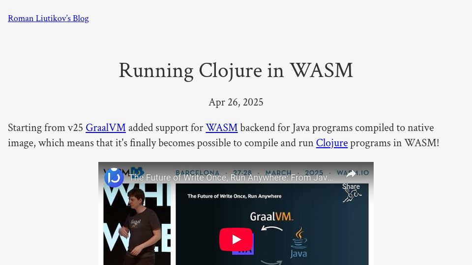 Screenshot of romanliutikov.com: Running Clojure in WASM with GraalVM