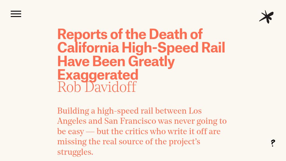 Screenshot of asteriskmag.com: Reports of the death of California High-Speed Rail have been greatly exaggerated