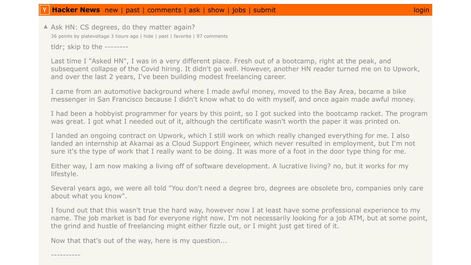 Screenshot of Hacker News post: Ask HN: CS degrees, do they matter again?