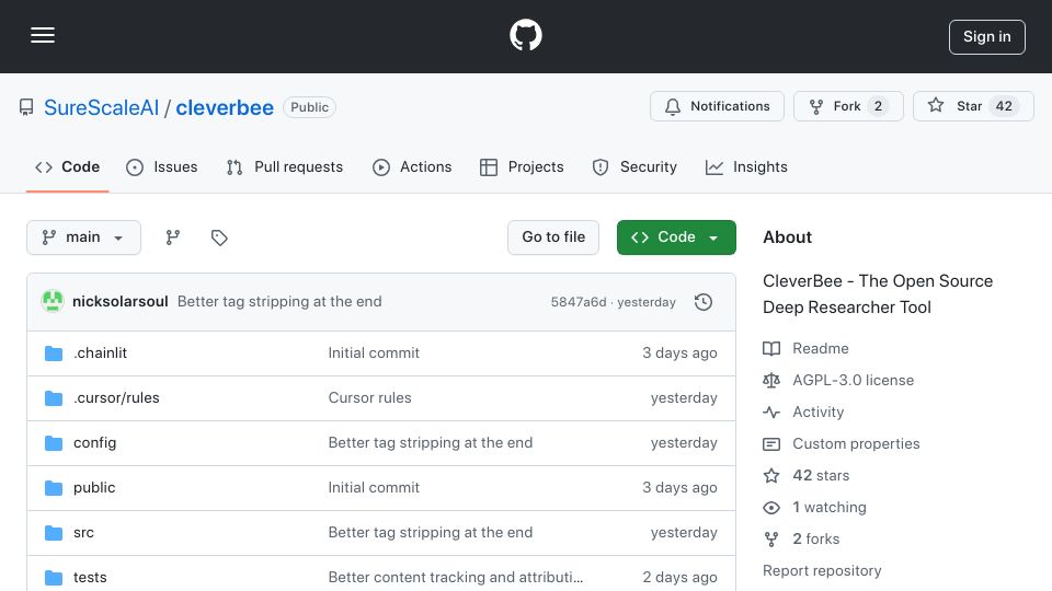 Screenshot of github.com: Show HN: Cleverb.ee – open-source agent that writes a cited research report
