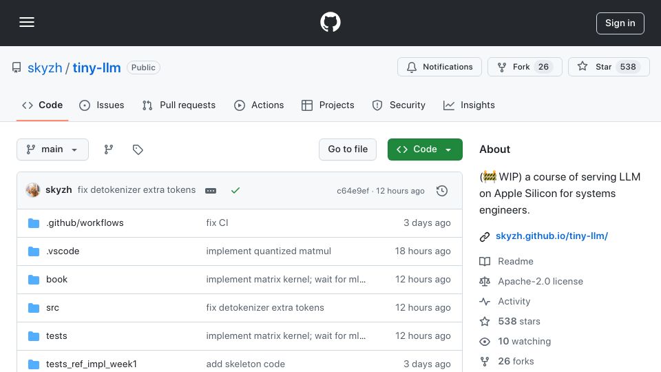 Screenshot of github.com: Tiny-LLM – a course of serving LLM on Apple Silicon for systems engineers