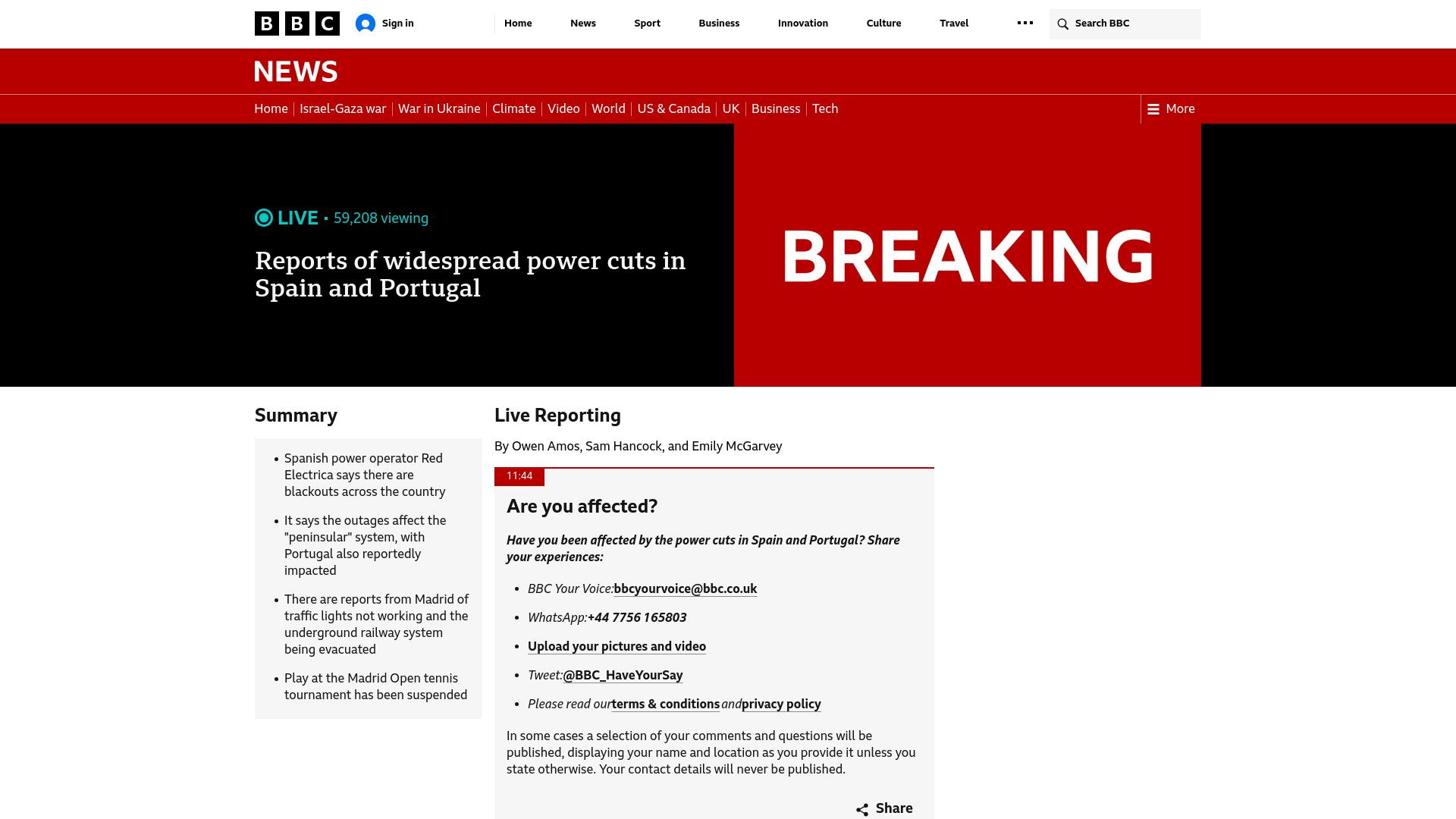 Screenshot of bbc.com: Reports of widespread power cuts in Spain and Portugal