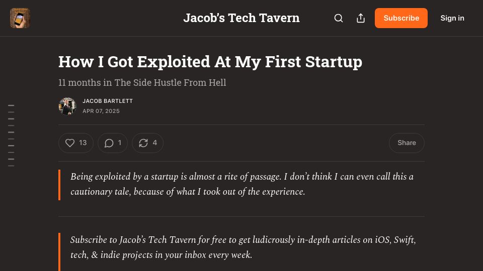 Screenshot of blog.jacobstechtavern.com: The side hustle from hell
