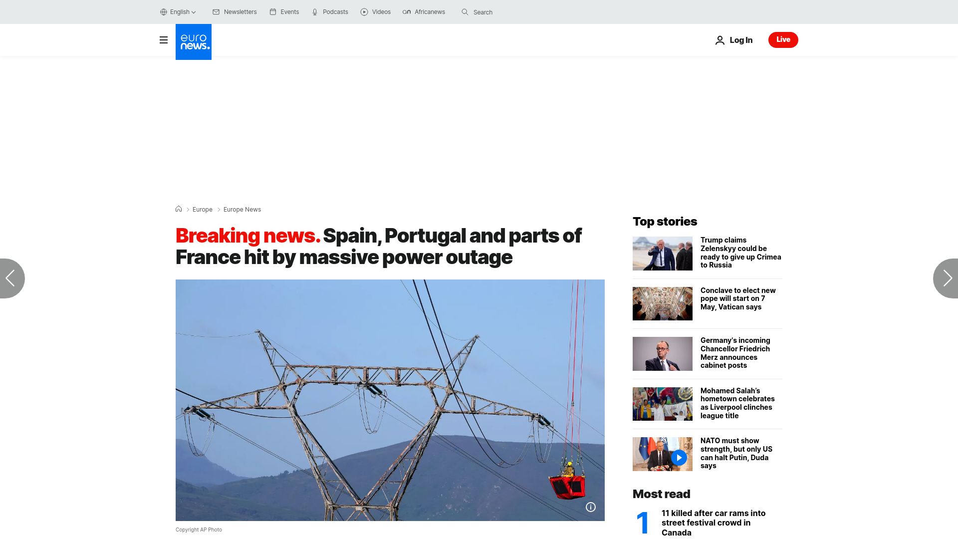 Screenshot of euronews.com: Spain, Portugal and parts of France hit by power outage