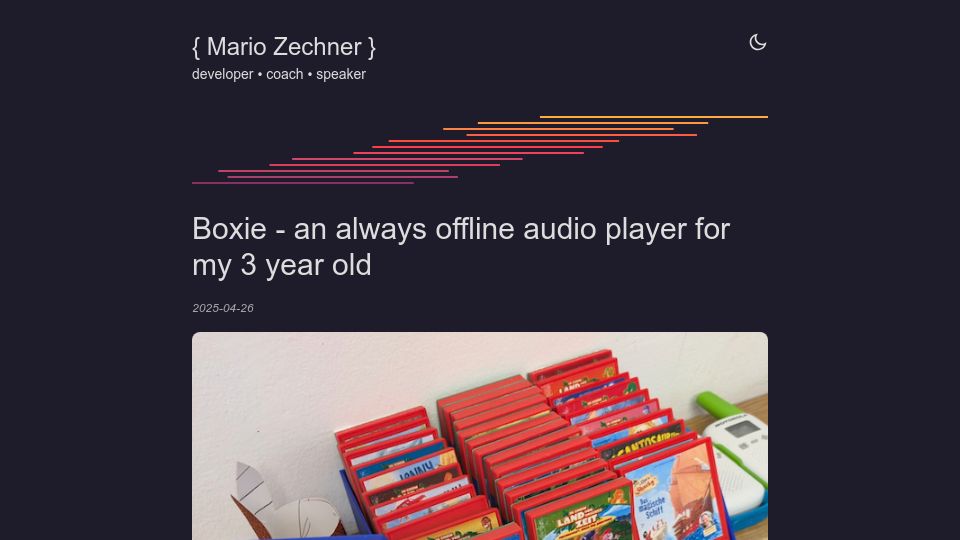 Screenshot of mariozechner.at: Boxie – an always offline audio player for my 3 year old