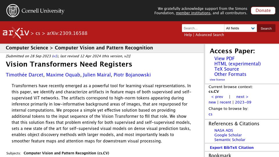 Screenshot of arxiv.org: Vision Transformers Need Registers