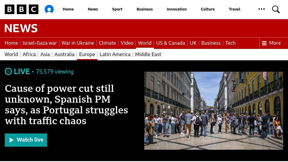 Screenshot of bbc.com: Widespread power outage in Spain and Portugal