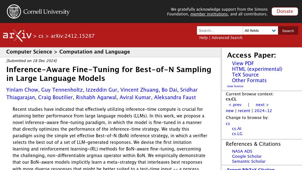 Screenshot of arxiv.org: Inference-Aware Fine-Tuning for Best-of-N Sampling in Large Language Models