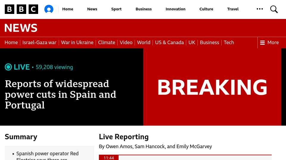 Screenshot of bbc.co.uk: There are reports of widespread power cuts in Spain and Portugal
