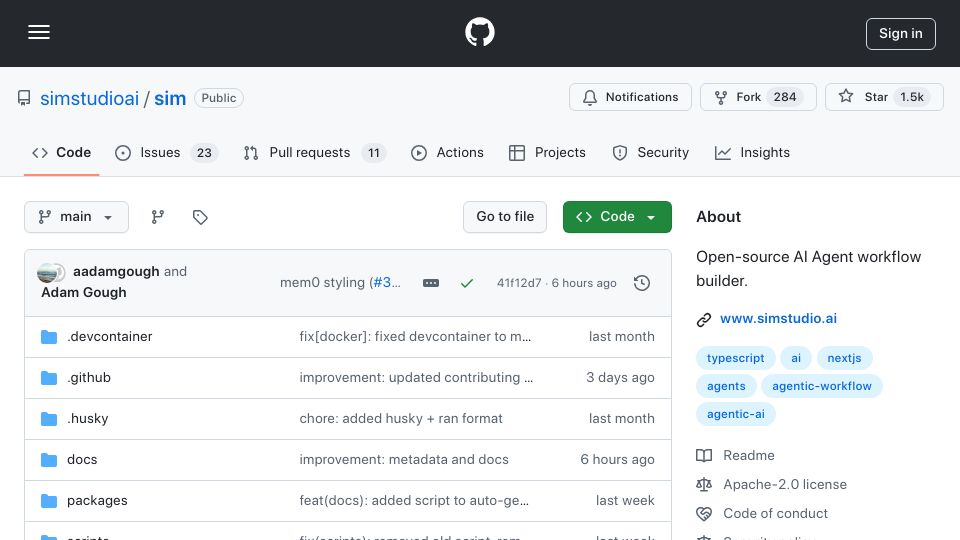 Screenshot of github.com: Show HN: Sim Studio – Open-Source Agent Workflow GUI