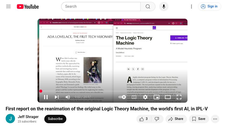 Screenshot of youtube.com: Reanimation of the original Logic Theorist, the first AI, in IPL-V [video]