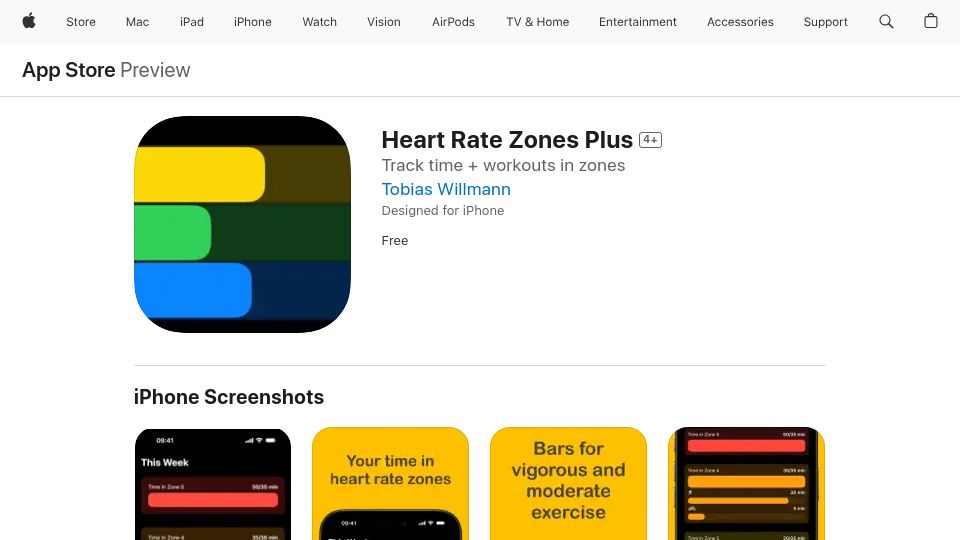 Screenshot of apps.apple.com: Show HN: Heart Rate Zones Plus – The first iOS app I ever developed