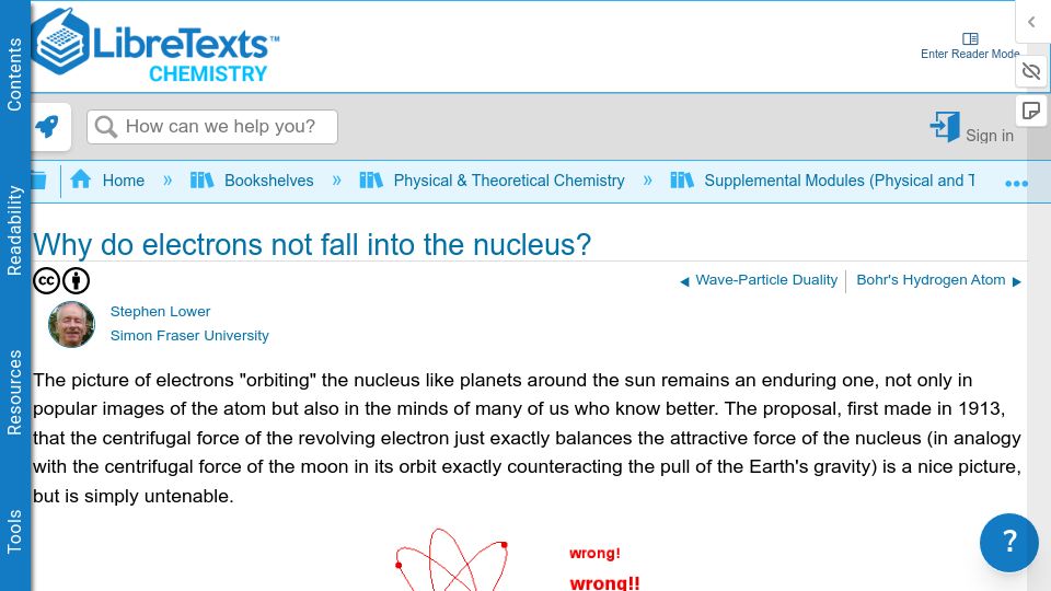 Screenshot of chem.libretexts.org: Why do electrons not fall into the nucleus?