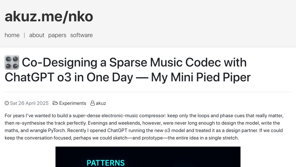 Screenshot of akuz.me: Co-designing a sparse music codec with ChatGPT o3