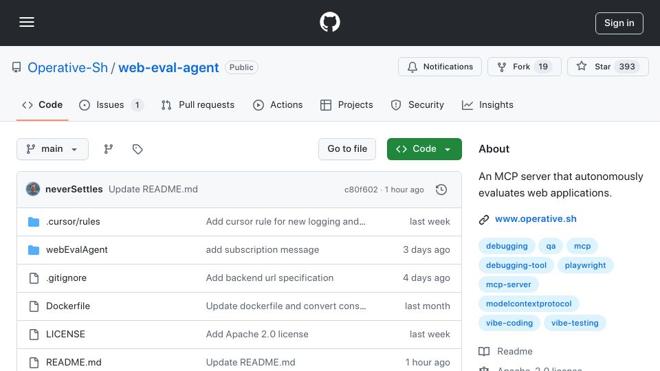 Screenshot of github.com: Show HN: Web-eval-agent – Let the coding agent debug itself