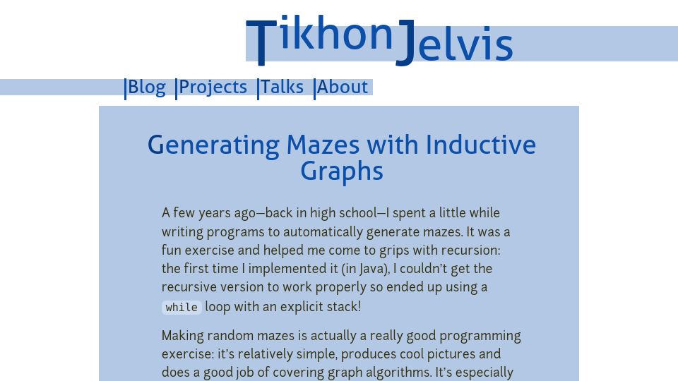 Screenshot of jelv.is: Generating Mazes with Inductive Graphs (2017)