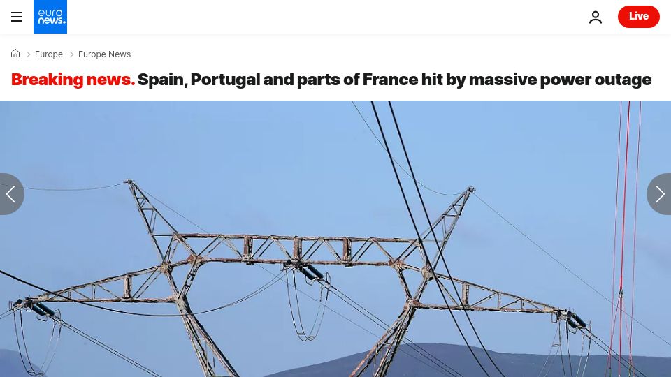 Screenshot of euronews.com: Spain, Portugal and parts of France hit by power outage
