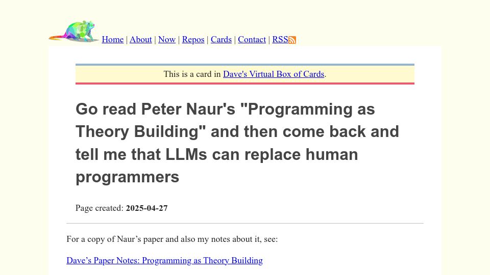 Screenshot of ratfactor.com: Naur's "Programming as Theory Building" and LLMs replacing human programmers
