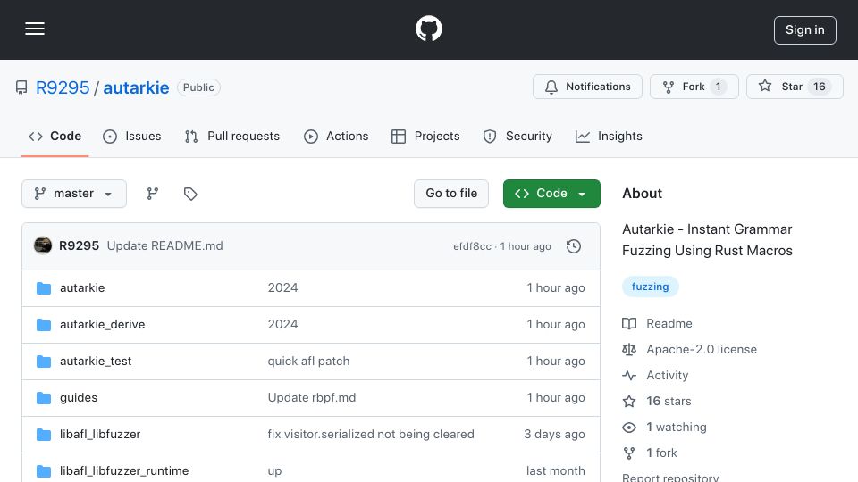 Screenshot of github.com: Show HN: Autarkie – Instant grammar fuzzing using Rust macros