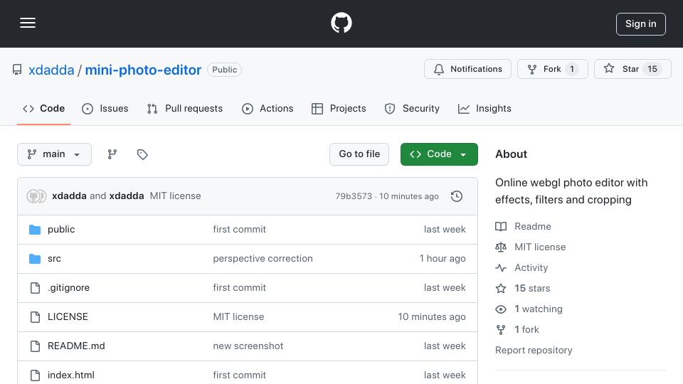 Screenshot of github.com: Show HN: A pure WebGL image editor with filters, crop and perspective correction