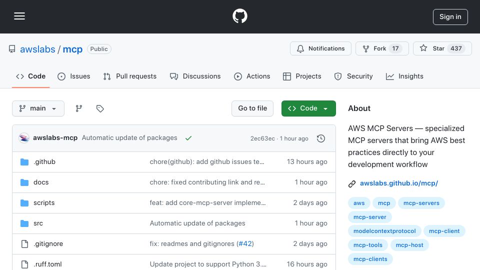 Screenshot of github.com: AWS MCP Servers