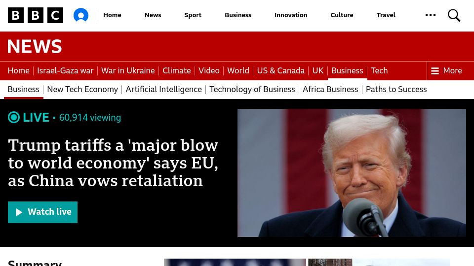 Screenshot of bbc.com: US Administration announces 34% tariffs on China, 20% on EU
