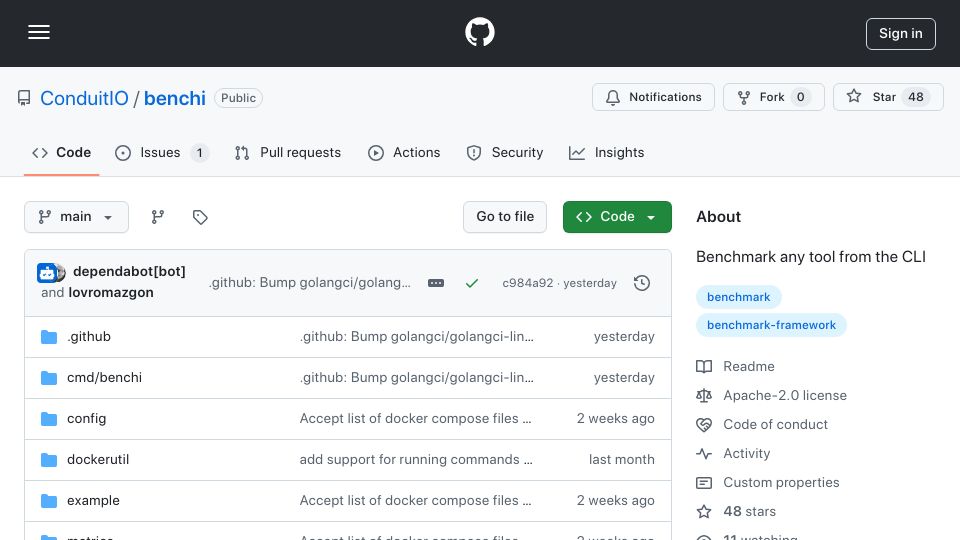Screenshot of github.com: Show HN: Benchi – A benchmarking tool written in Go