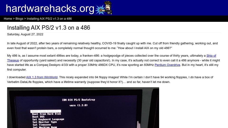 Screenshot of hardwarehacks.org: Installing AIX PS/2 v1.3 on a 486