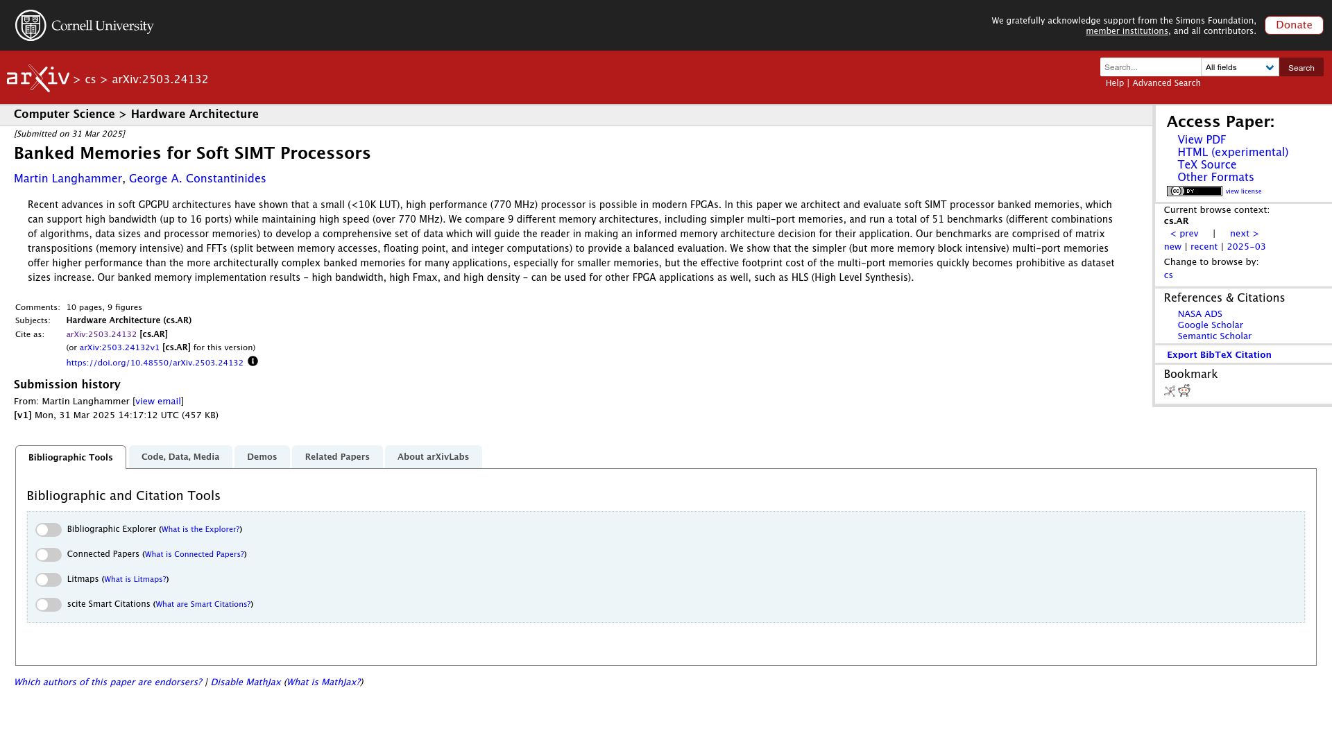 Screenshot of arxiv.org: Banked Memories for Soft SIMT Processors